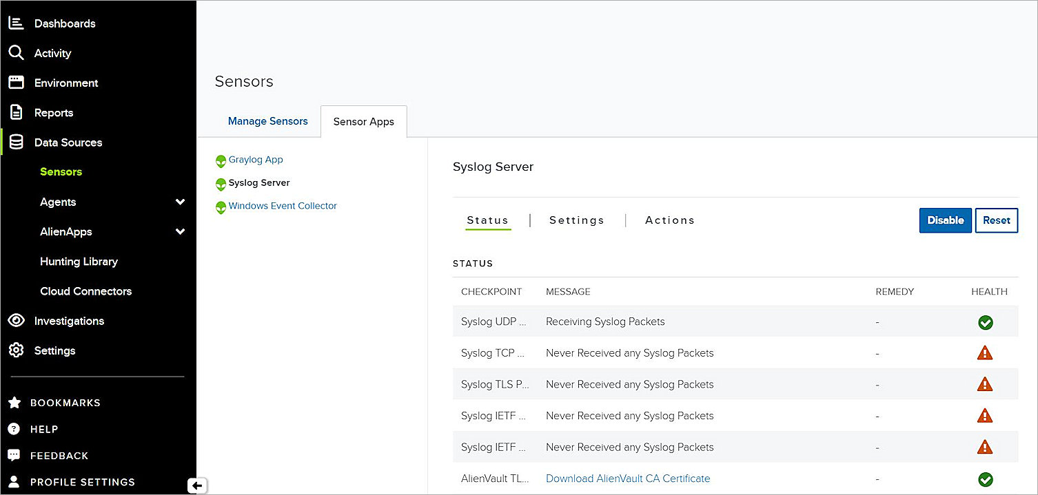 Screen shot of the Confirm syslog receive